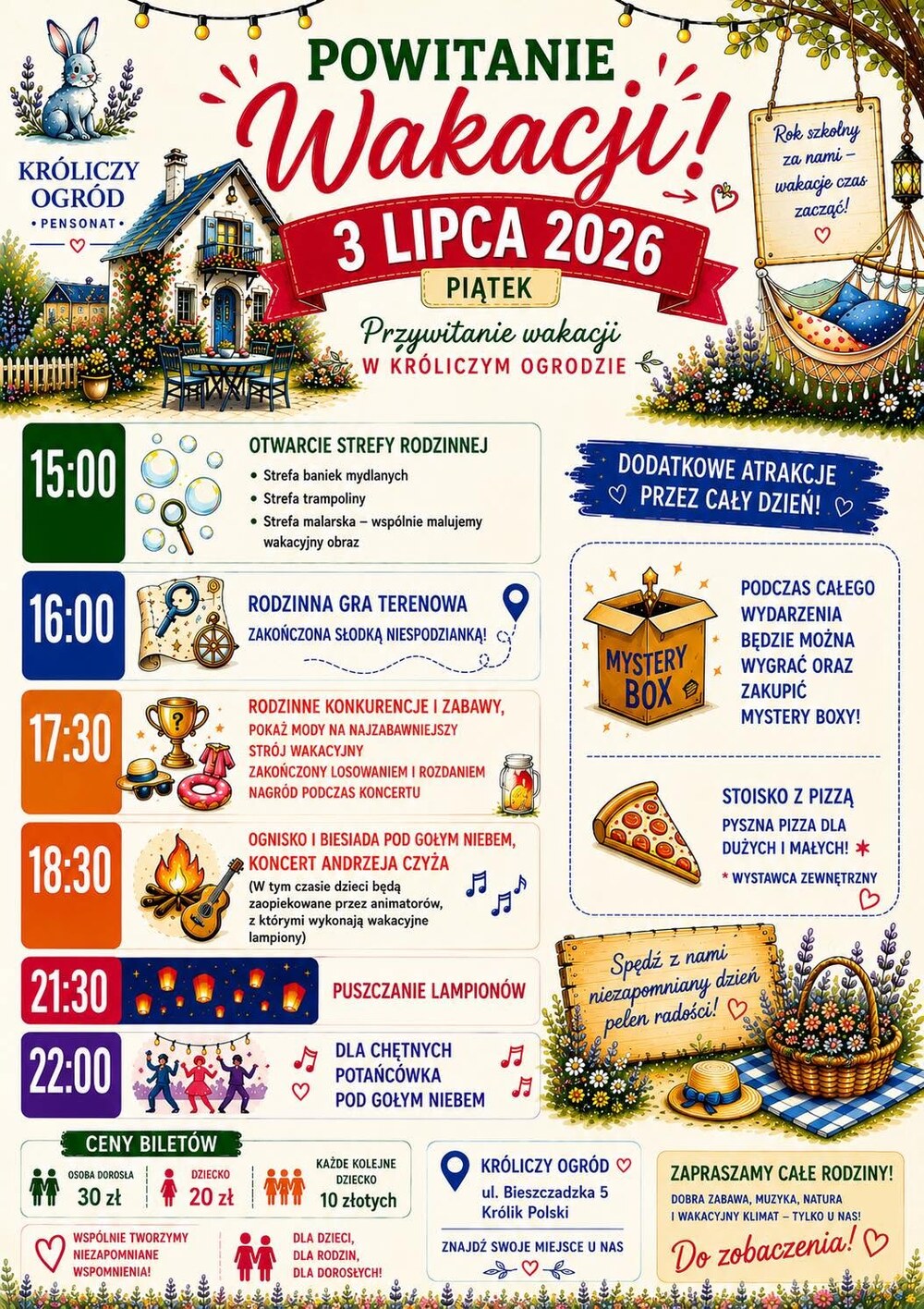 Plakat Powitanie wakacji 3 lipca 2026, Kroliczy Ogrod